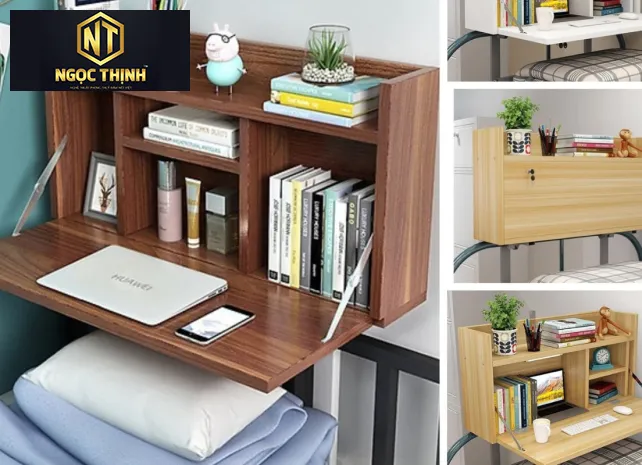 BÀN LÀM VIỆC BẰNG GỖ TREO TƯỜNG CÓ KỆ TỦ TIỆN LỢI